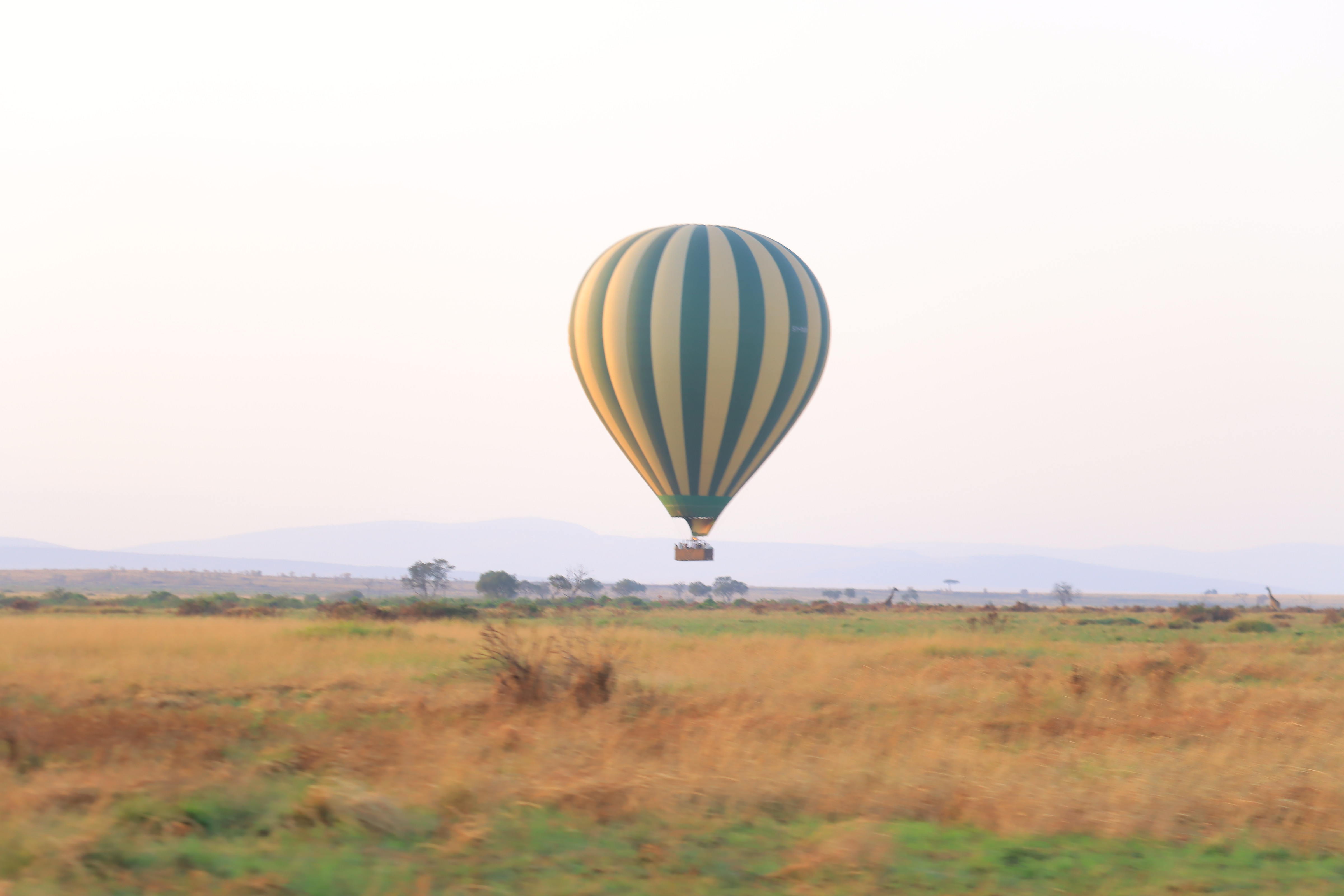 A hot air balloon floating above the plains