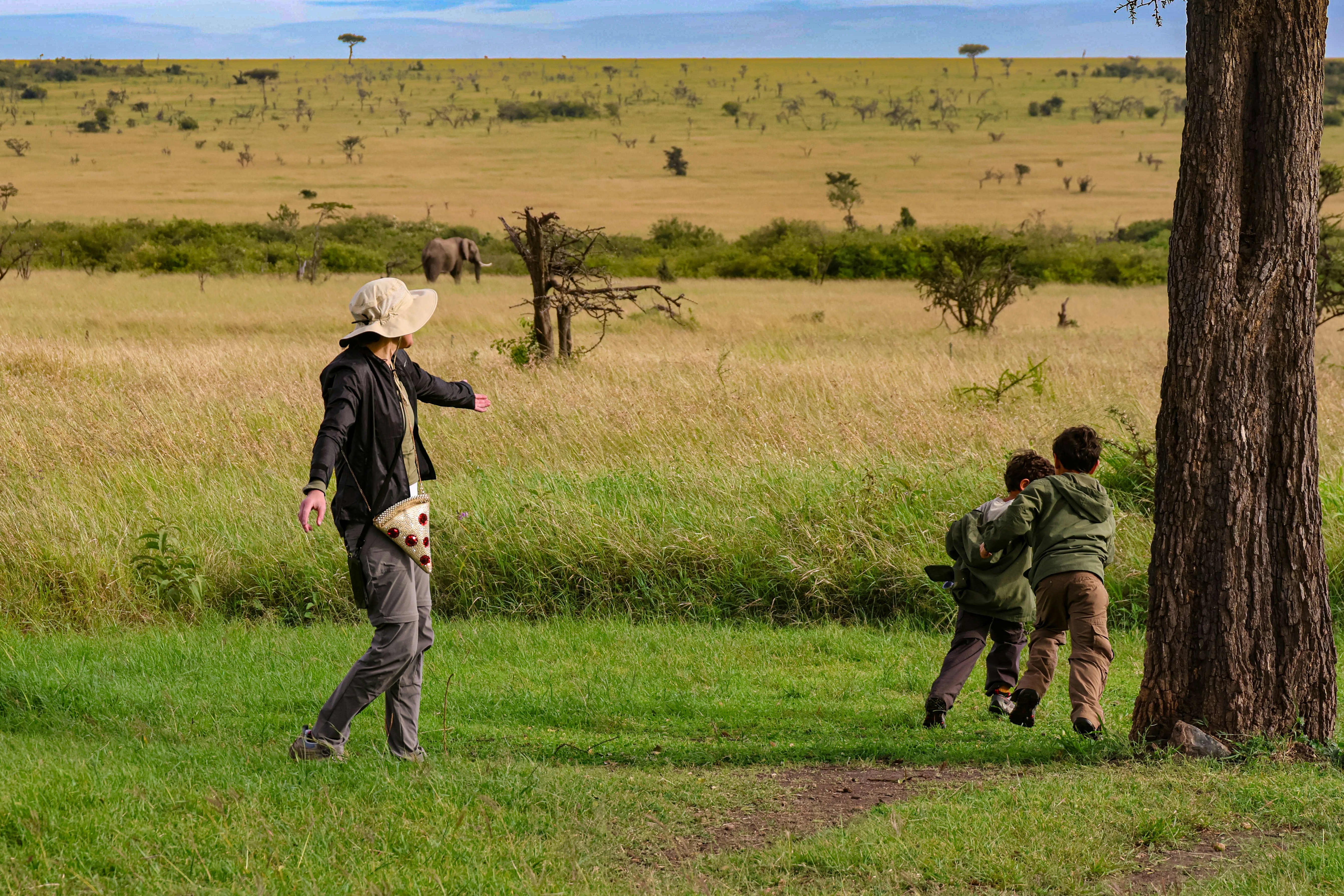 A guide standing in a green wildlife landscape